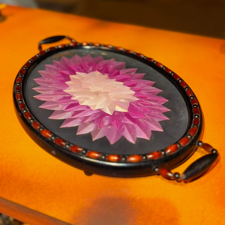 1970s Mexican Feather Art Tray with Beaded Handles – Handmade