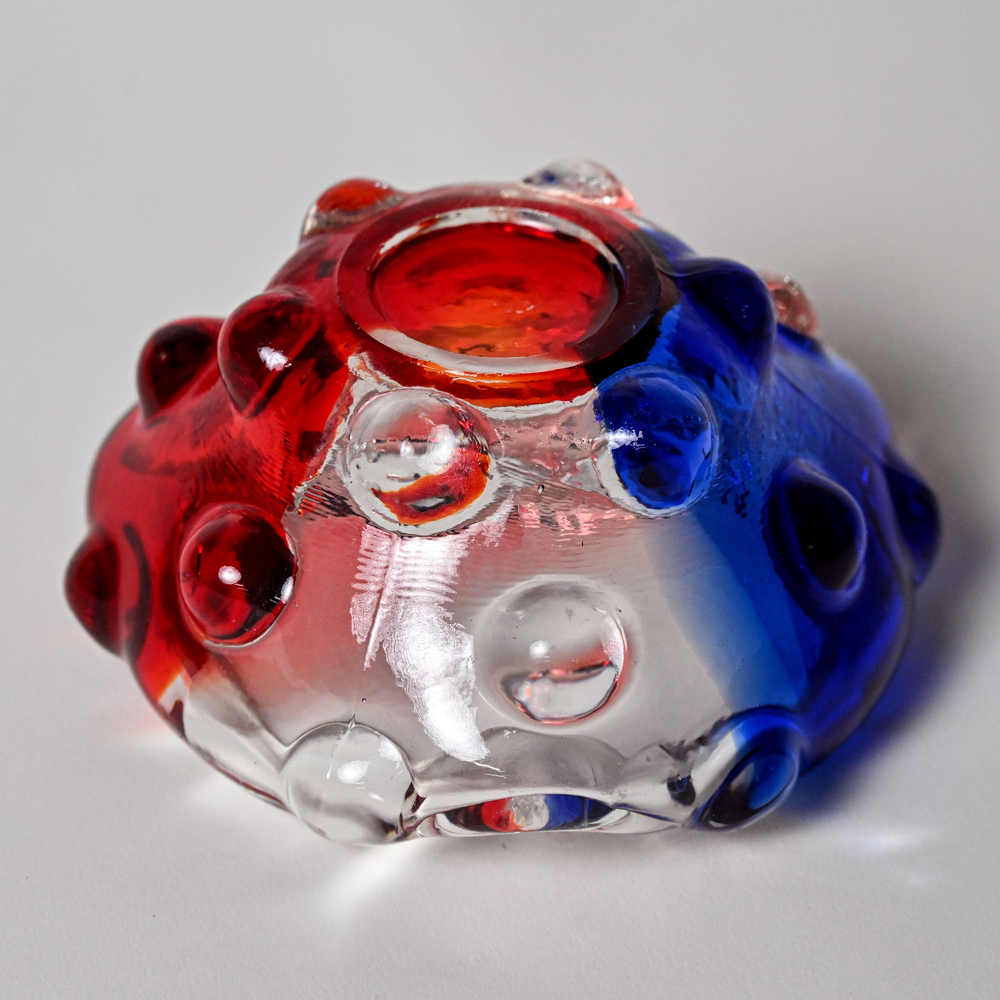 Vintage 1970s French Flag Bubble Glass Ashtray – Red, White & Blue Sculptural Art Glass