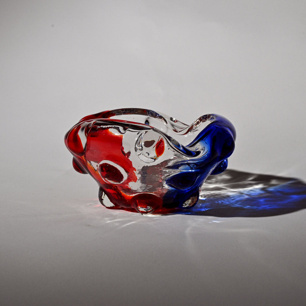 Vintage 1970s French Flag Bubble Glass Ashtray – Red, White & Blue Sculptural Art Glass