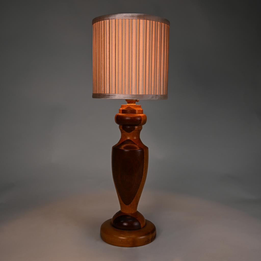 Hand-Turned Mixed Wood Table Lamp with Pleated Shade
