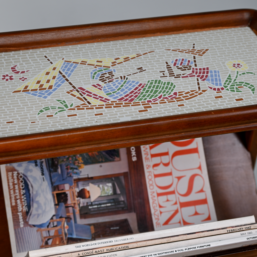 Vintage MCM Serving Trolley with Figurative Ceramic Tile Tray – Grünstadt Edelkeramik Style