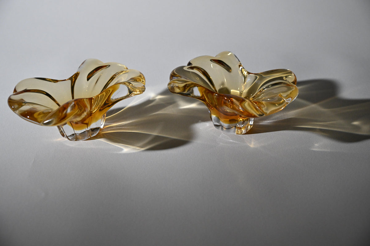 Amber Freeform Art Glass Bowls — Matched Pair