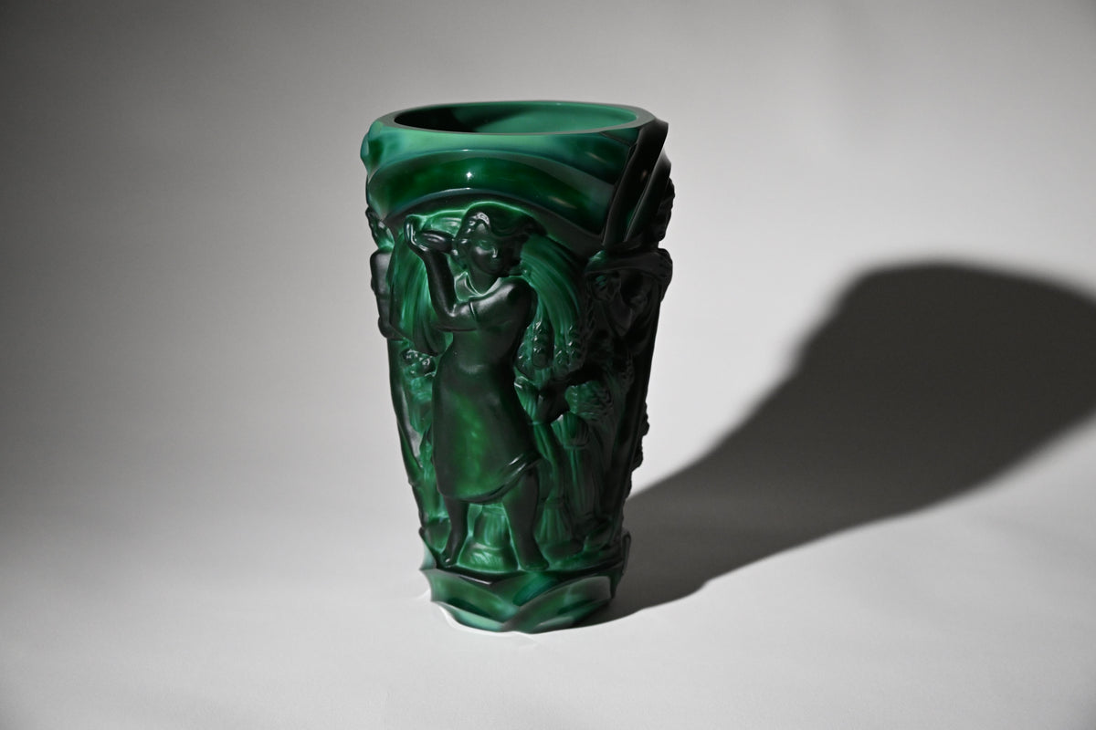 Art Deco Malachite Glass Figurative Vase, Czech Bohemian