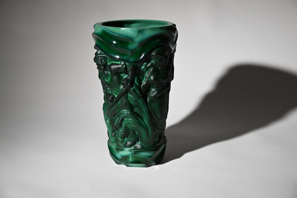 Art Deco Malachite Glass Figurative Vase, Czech Bohemian