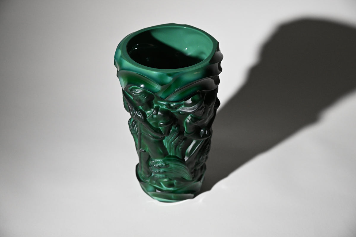 Art Deco Malachite Glass Figurative Vase, Czech Bohemian