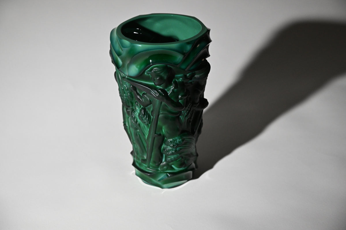 Art Deco Malachite Glass Figurative Vase, Czech Bohemian