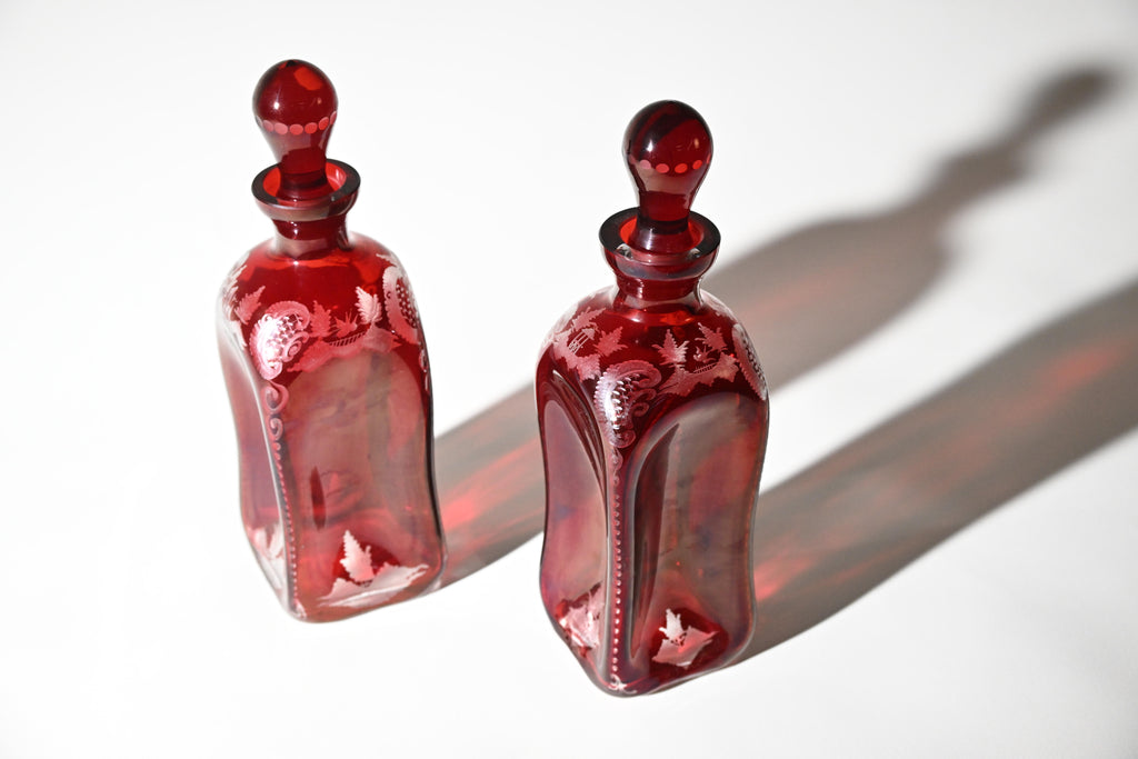 Bohemian Ruby Flash Engraved Glass Decanters, Pair