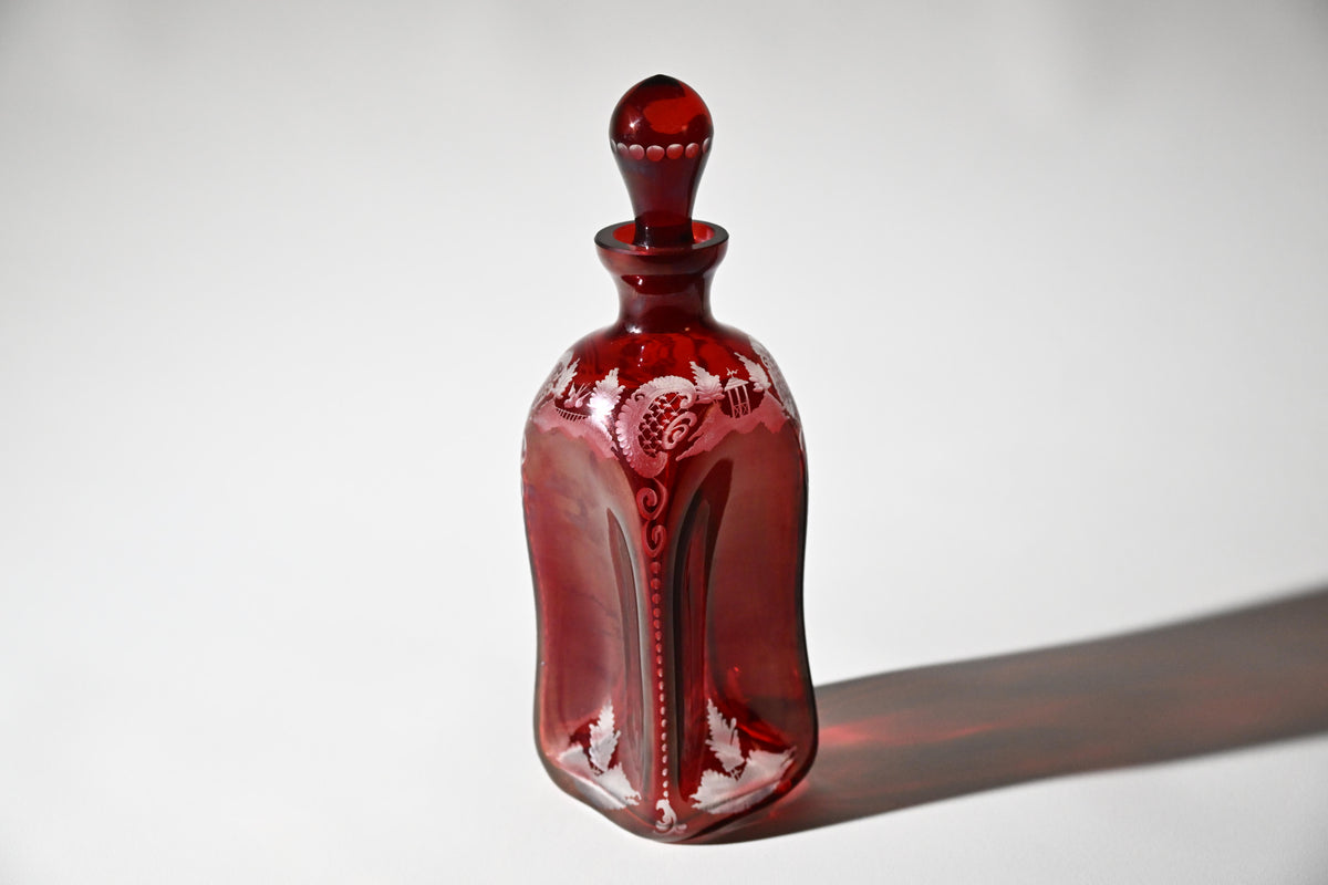 Bohemian Ruby Flash Engraved Glass Decanters, Pair