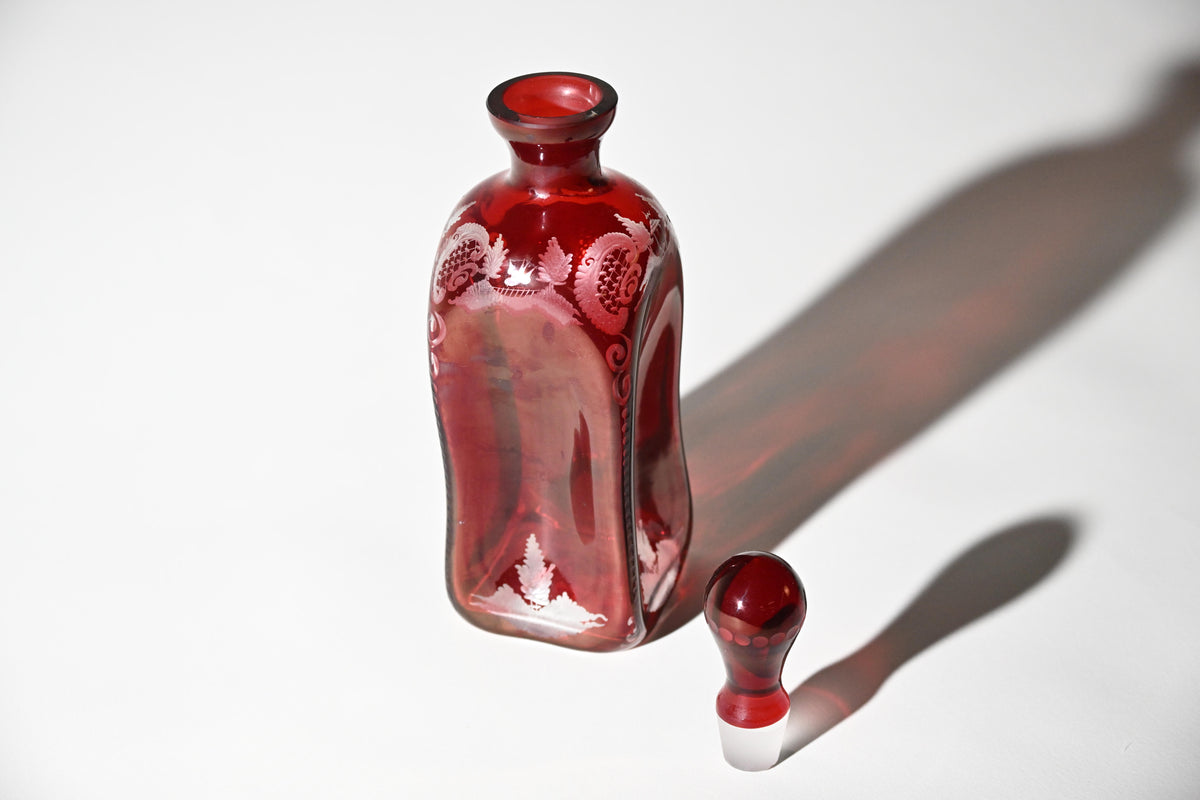 Bohemian Ruby Flash Engraved Glass Decanters, Pair