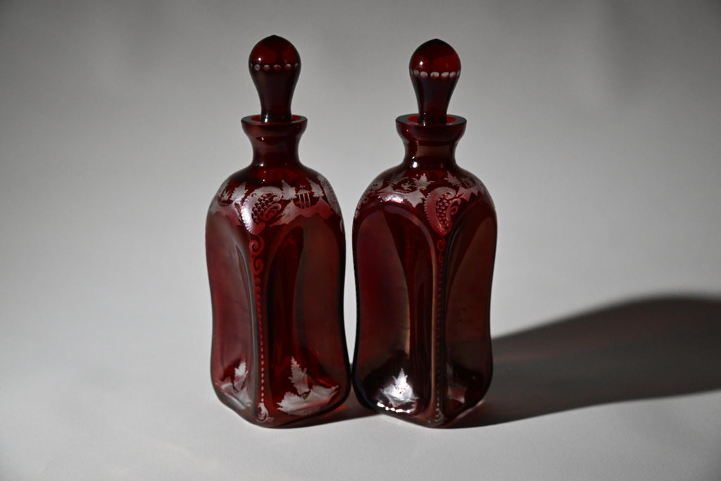 Bohemian Ruby Flash Engraved Glass Decanters, Pair