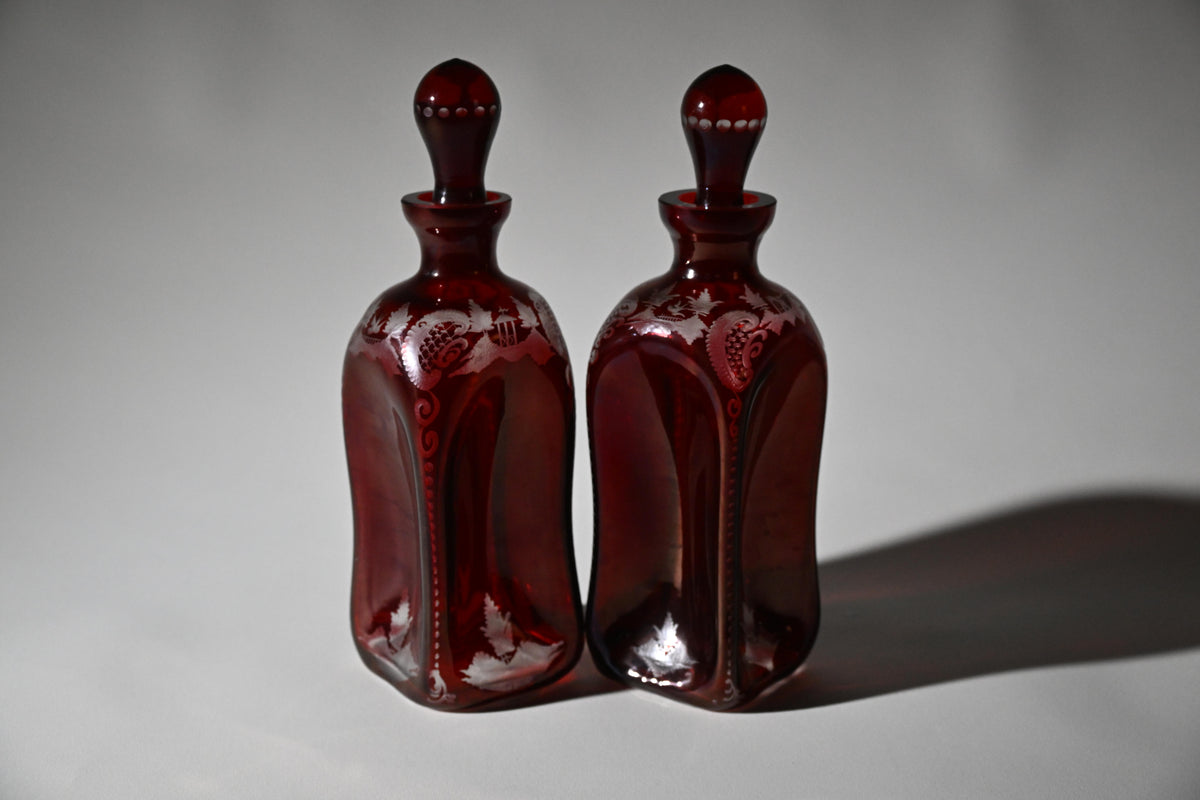 Bohemian Ruby Flash Engraved Glass Decanters, Pair