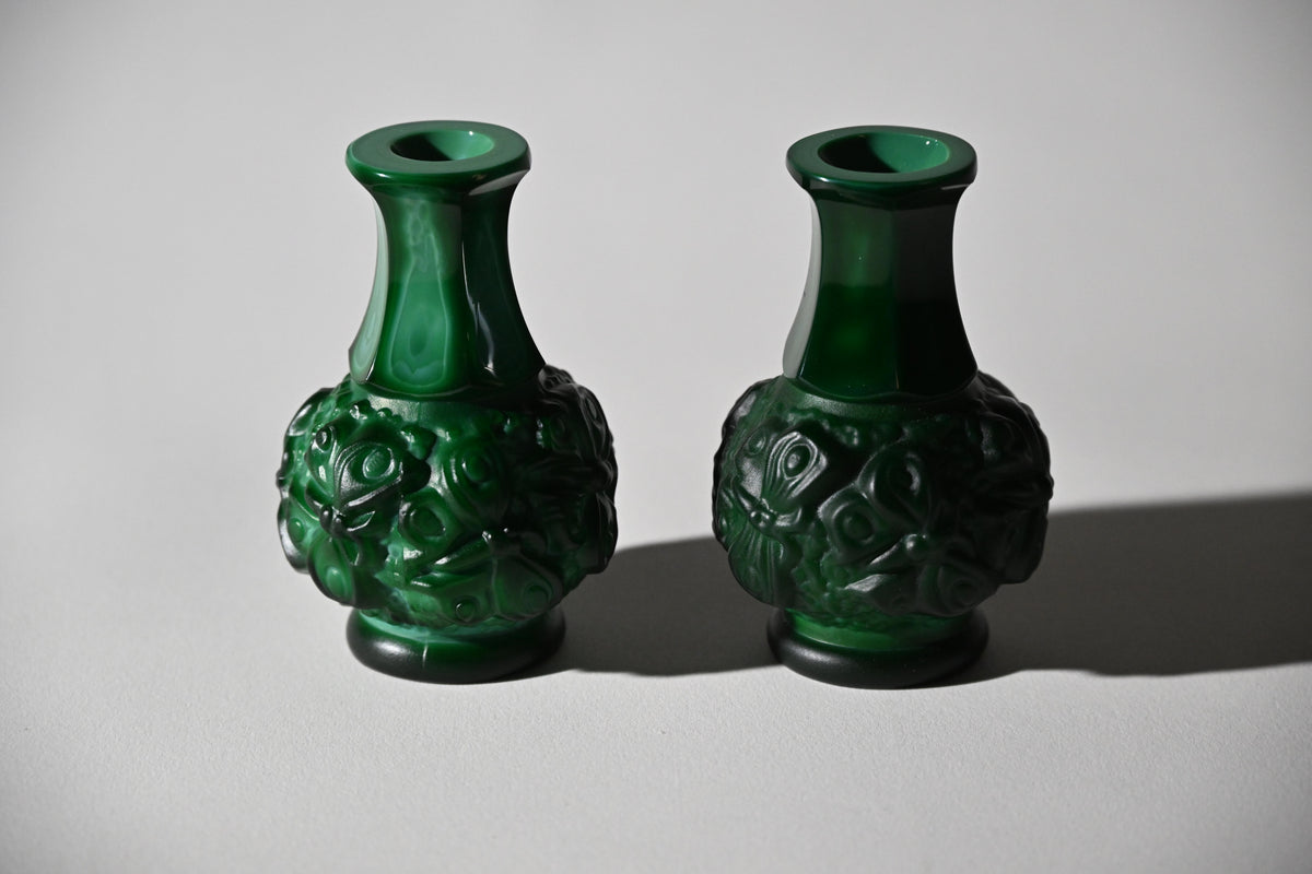 Czech Desna Malachite Glass Butterfly Vases, Pair