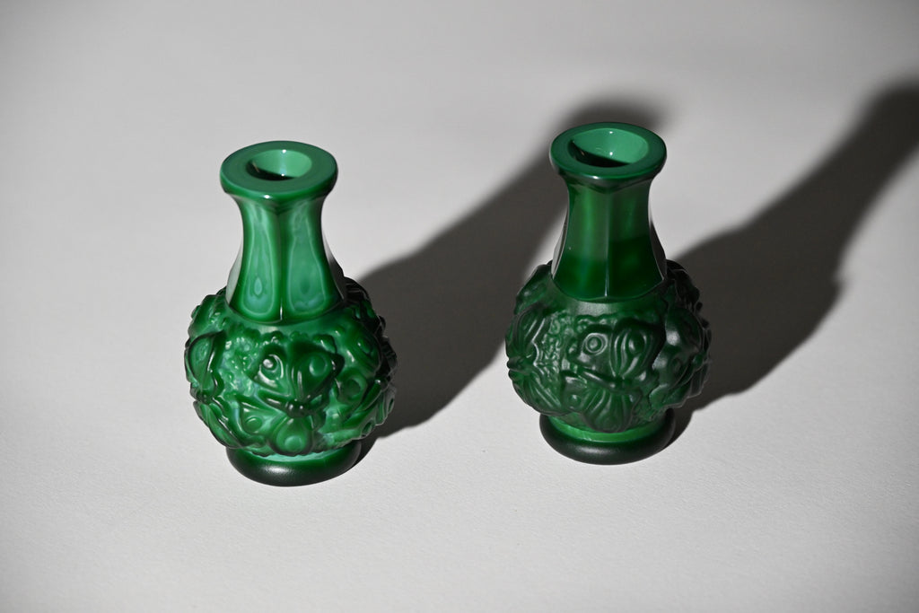 Czech Desna Malachite Glass Butterfly Vases, Pair
