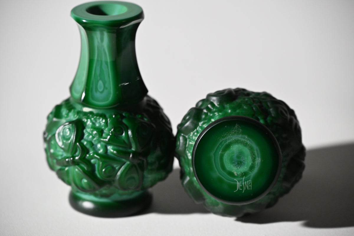 Czech Desna Malachite Glass Butterfly Vases, Pair