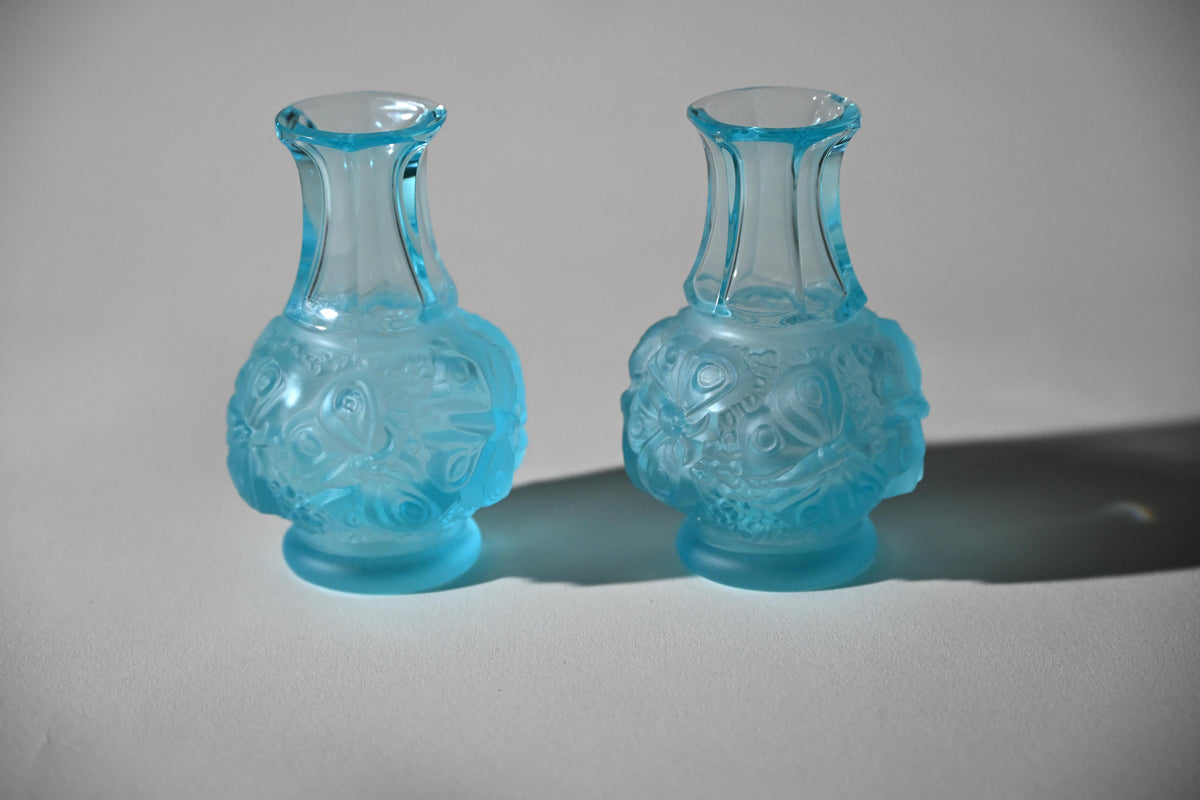 Art Déco Bohemian Aqua Blue Relief Glass Vases, Pair