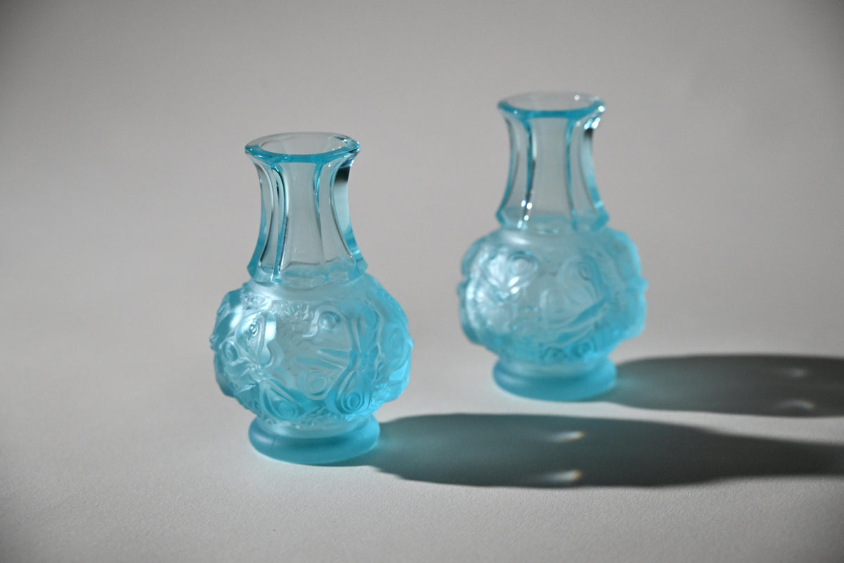 Art Déco Bohemian Aqua Blue Relief Glass Vases, Pair