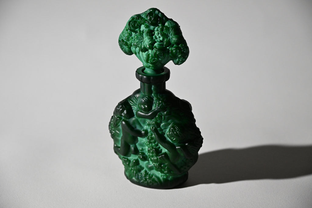 Czech Art Deco Malachite Glass Perfume Bottle with Stopper