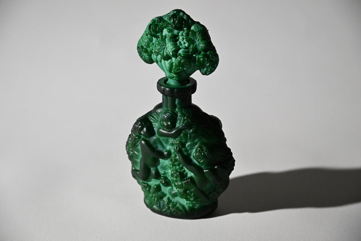 Czech Art Deco Malachite Glass Perfume Bottle with Stopper