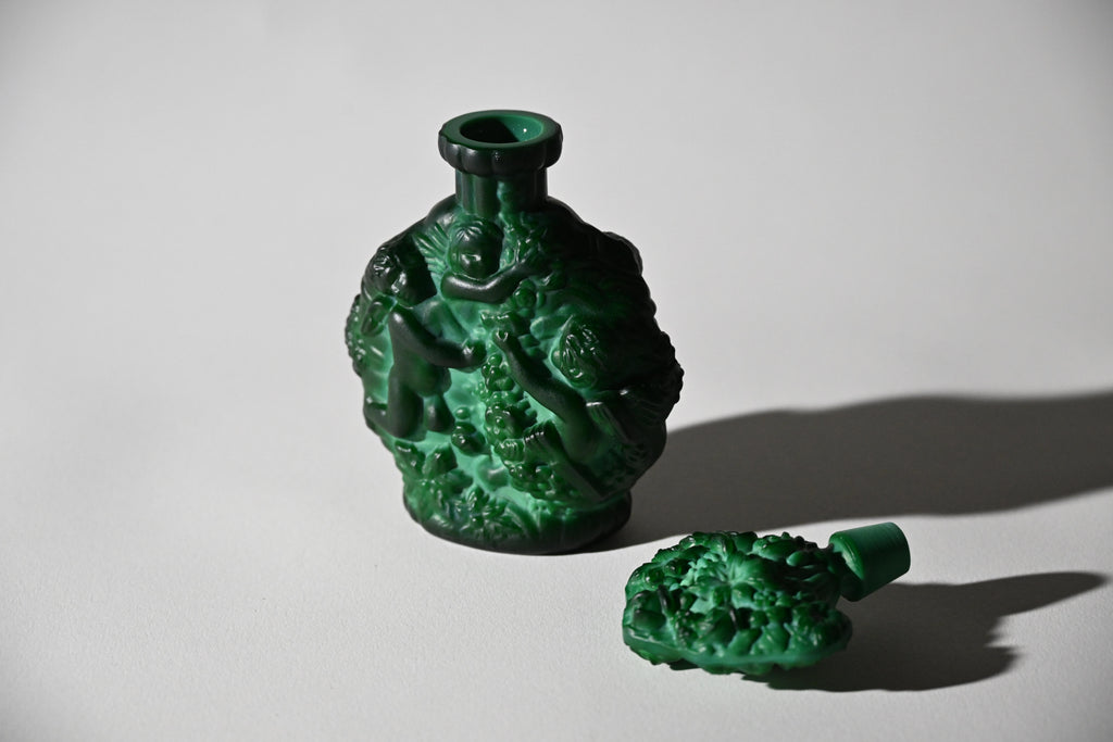 Czech Art Deco Malachite Glass Perfume Bottle with Stopper