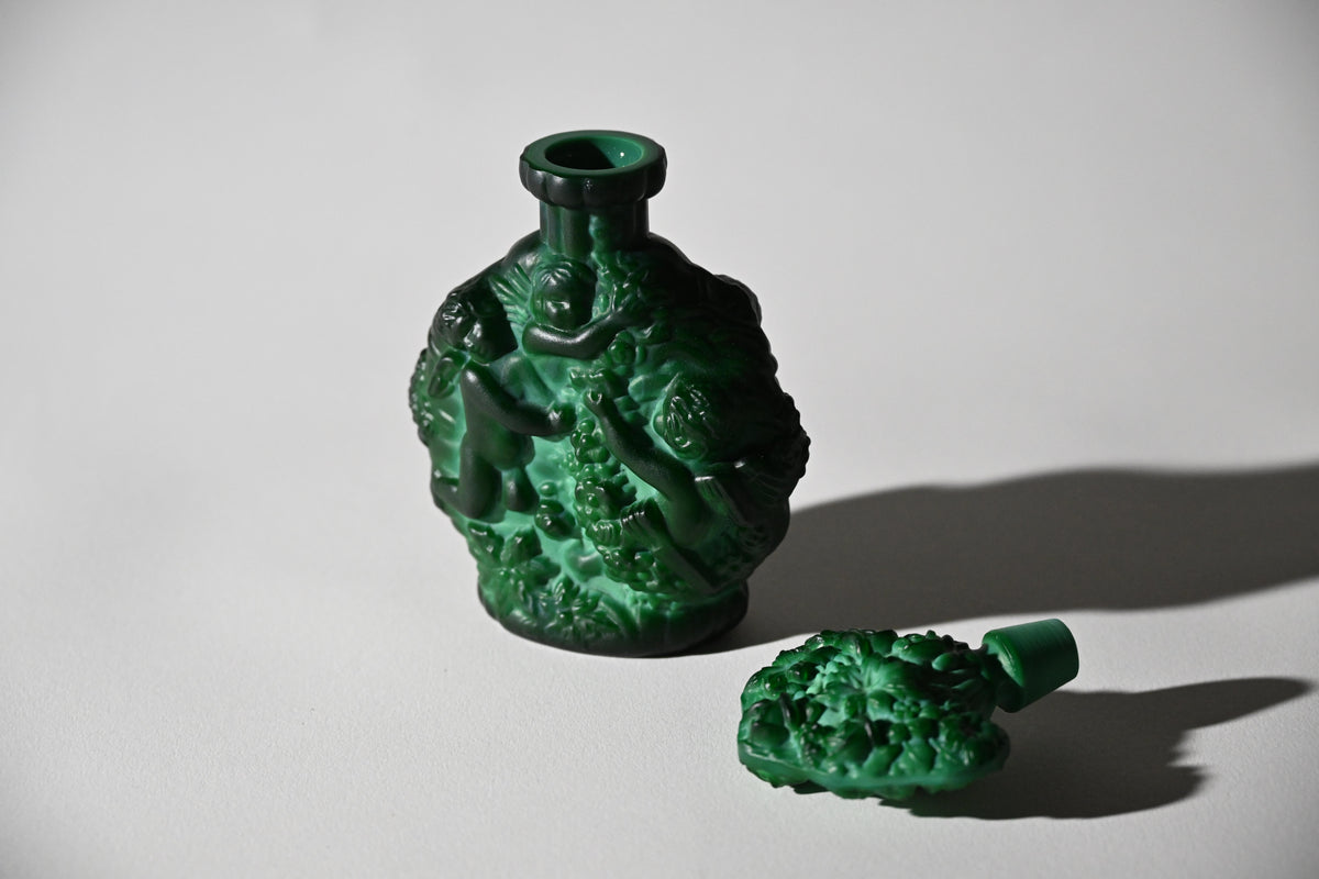 Czech Art Deco Malachite Glass Perfume Bottle with Stopper