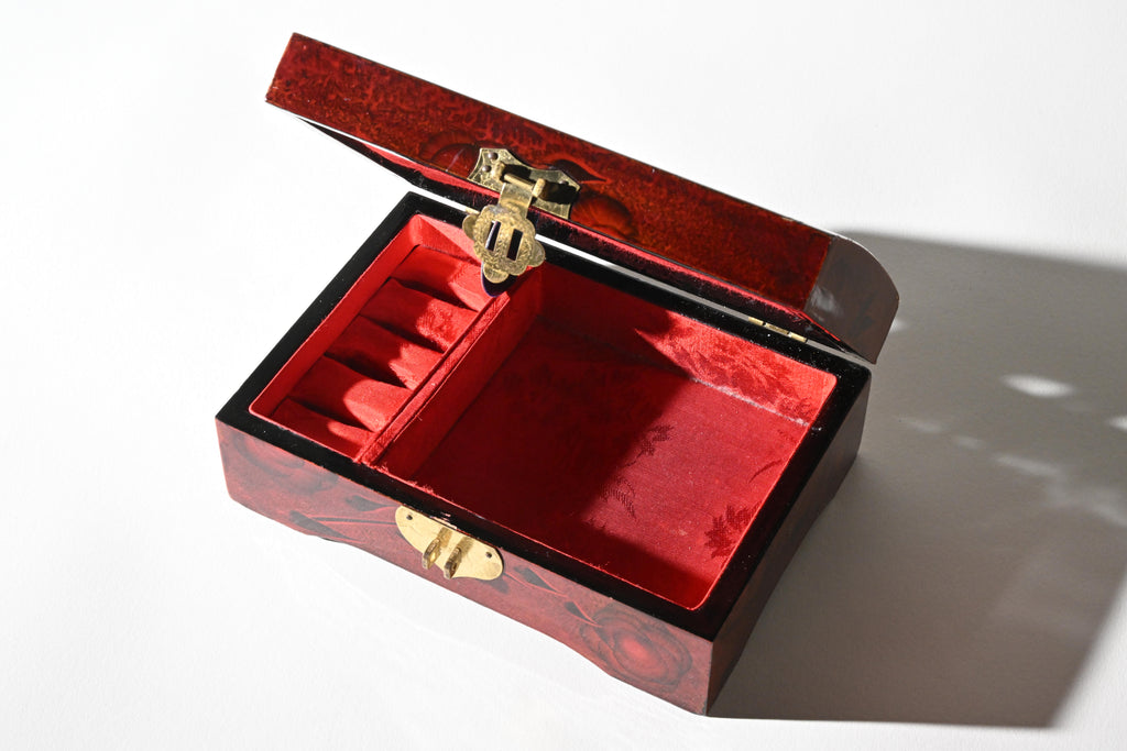 Chinese Red Lacquer Jewelry Box with Cork Diorama Lid