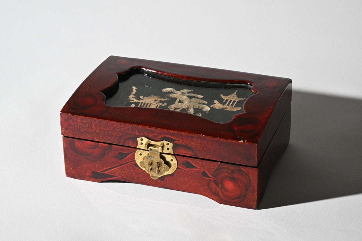 Chinese Red Lacquer Jewelry Box with Cork Diorama Lid