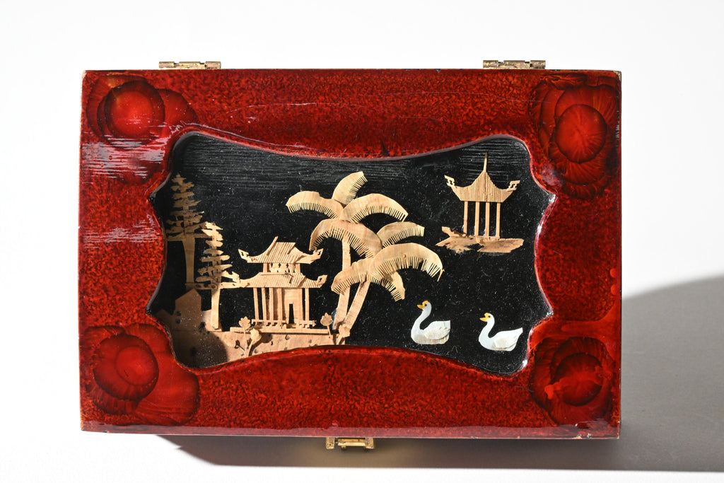 Chinese Red Lacquer Jewelry Box with Cork Diorama Lid