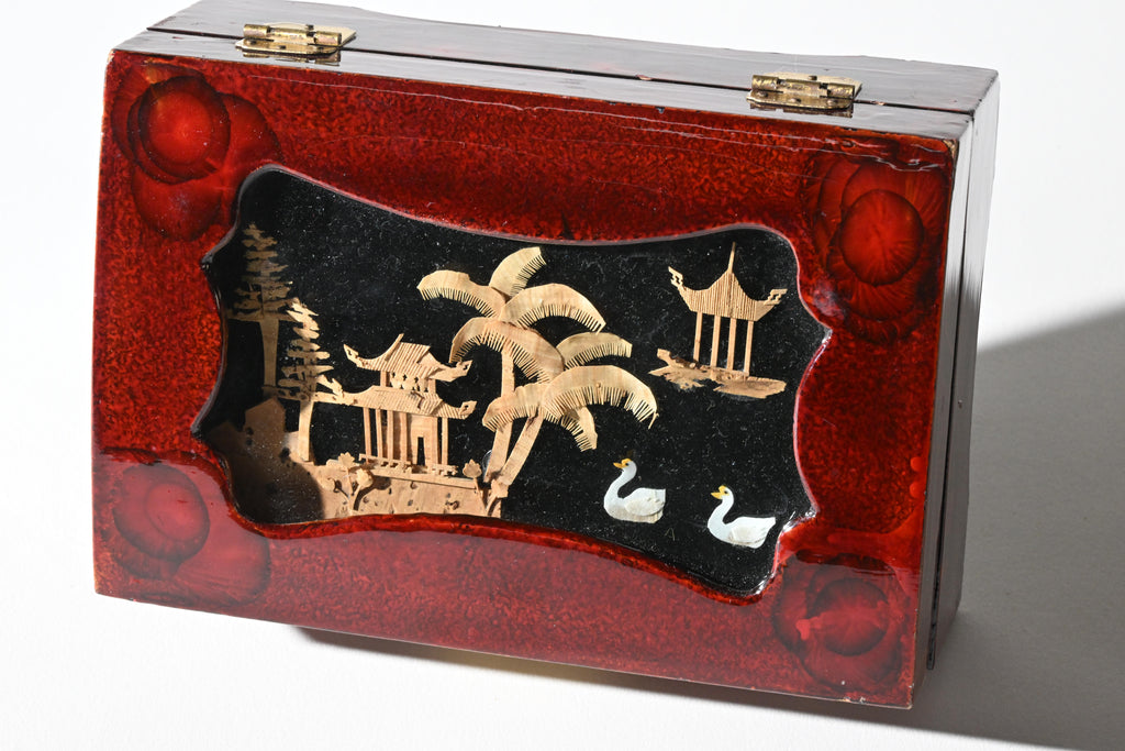 Chinese Red Lacquer Jewelry Box with Cork Diorama Lid