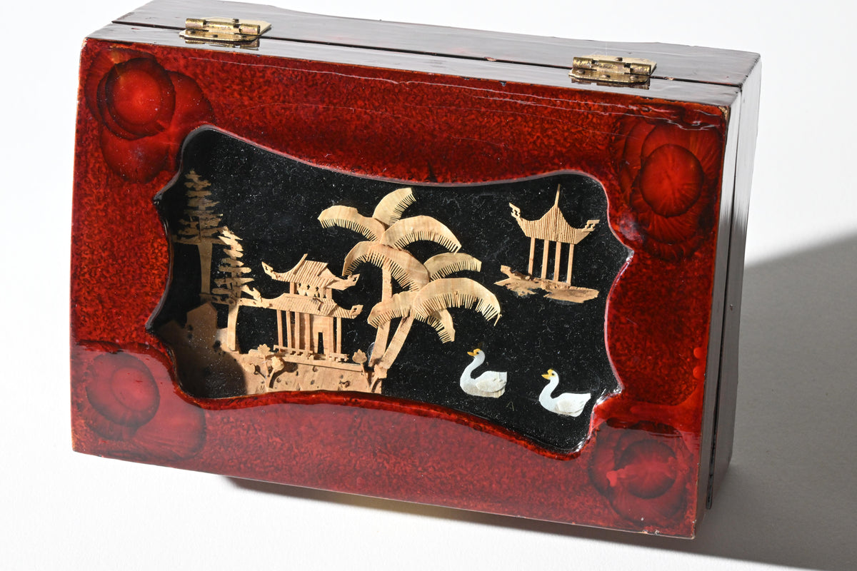 Chinese Red Lacquer Jewelry Box with Cork Diorama Lid