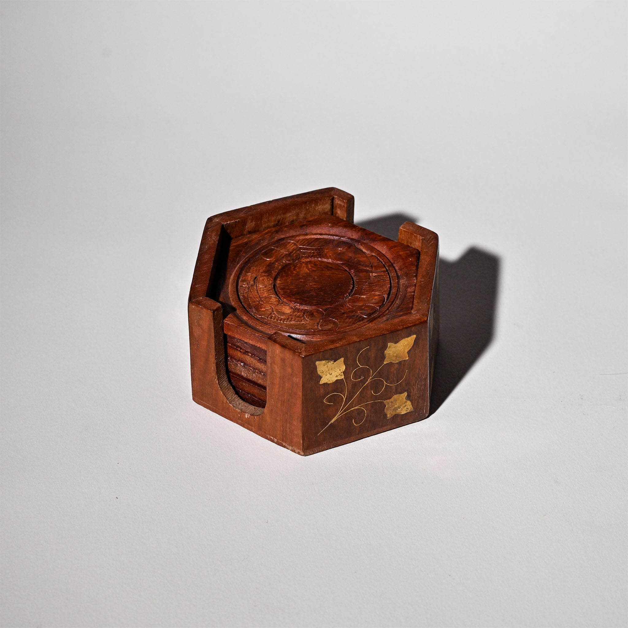 Vintage Mid-Century Teakwood Coaster Set with Brass Inlay – 1960s