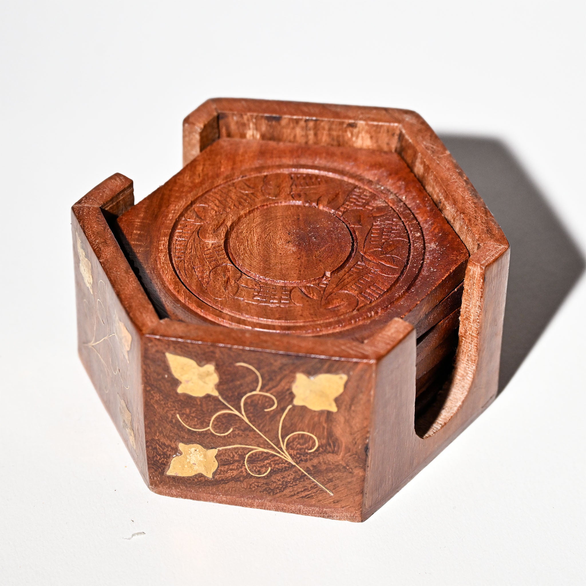 Vintage Mid-Century Teakwood Coaster Set with Brass Inlay – 1960s