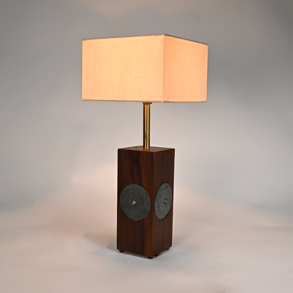 Brutalist Hardwood & Stone Table Lamp, Brass Stem, 1960s–70s