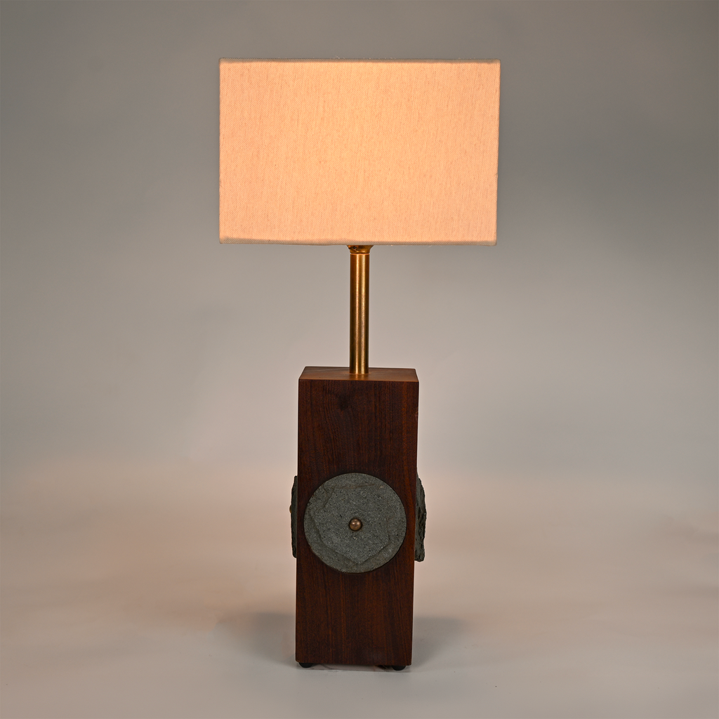 Brutalist Hardwood & Stone Table Lamp, Brass Stem, 1960s–70s