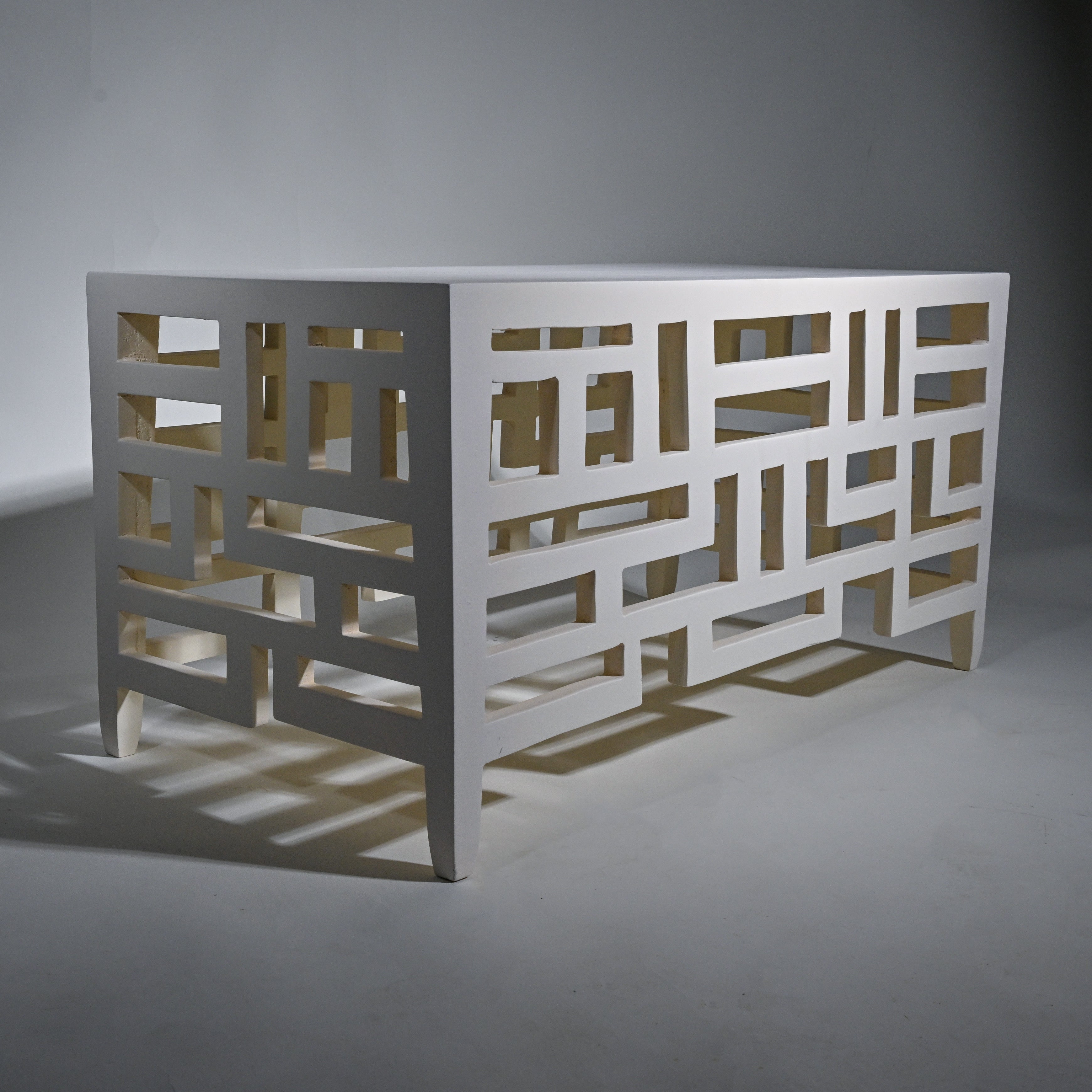 Hand-Crafted Asian Lattice Table – Maze Pattern Sculptural Wood Design