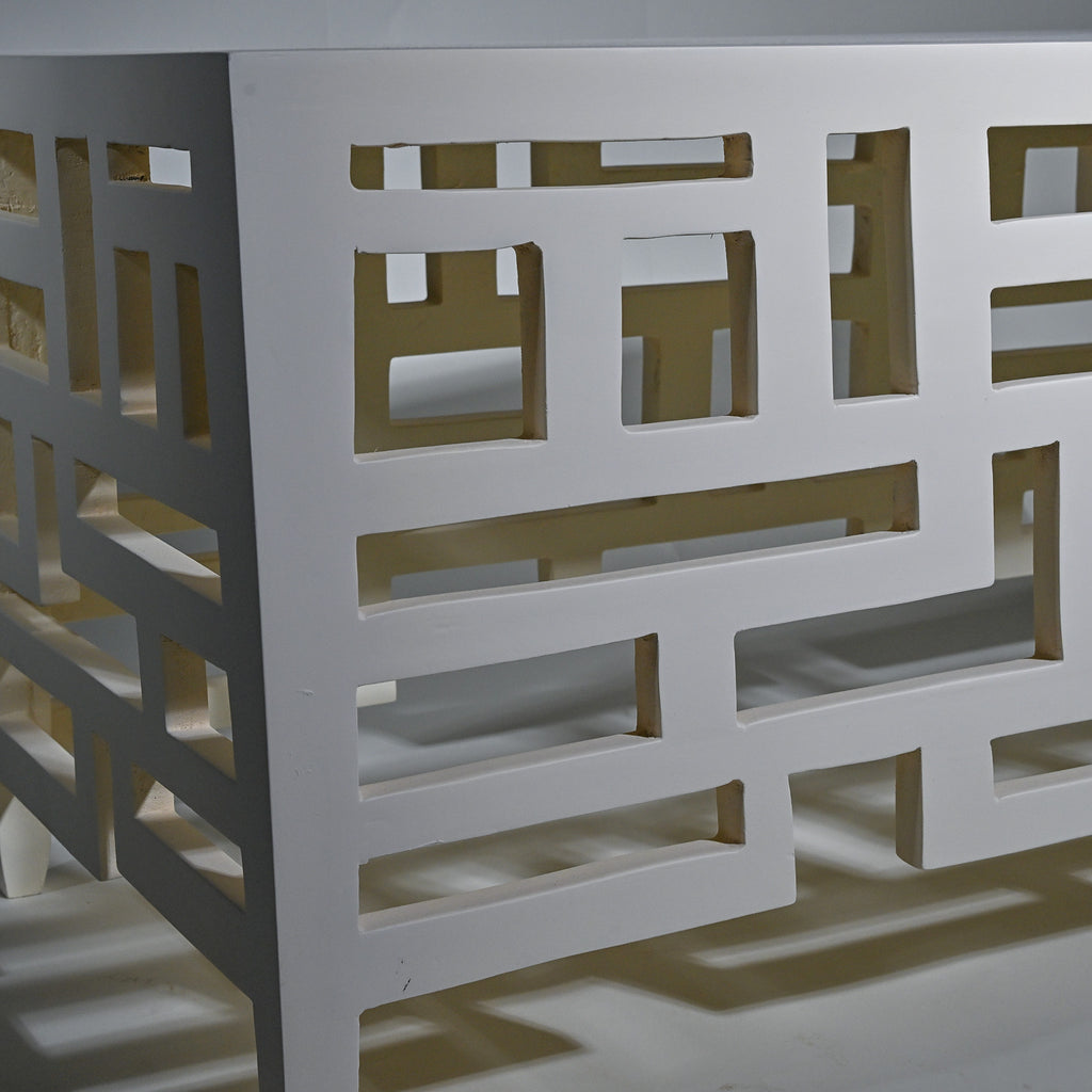 Hand-Crafted Asian Lattice Table – Maze Pattern Sculptural Wood Design