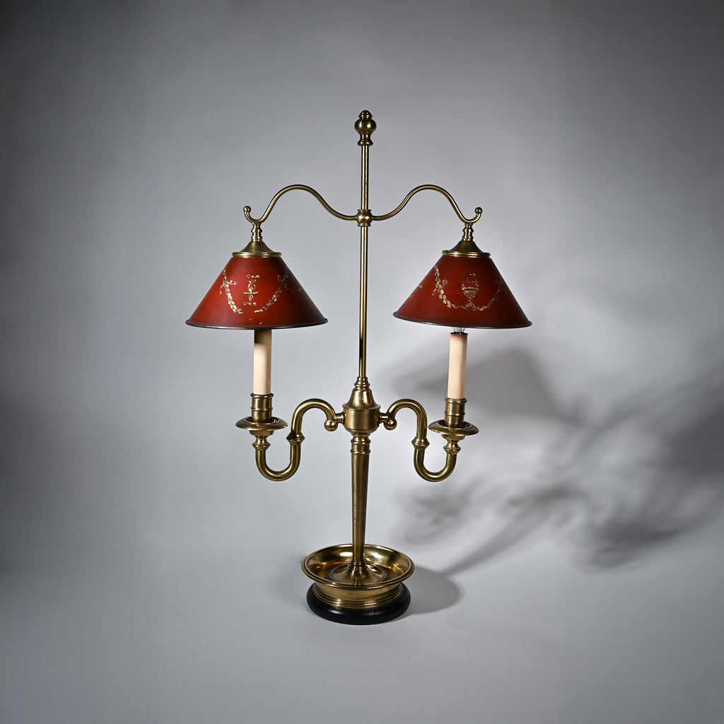 Vintage French Bouillotte Lamp with Red Tole Shades