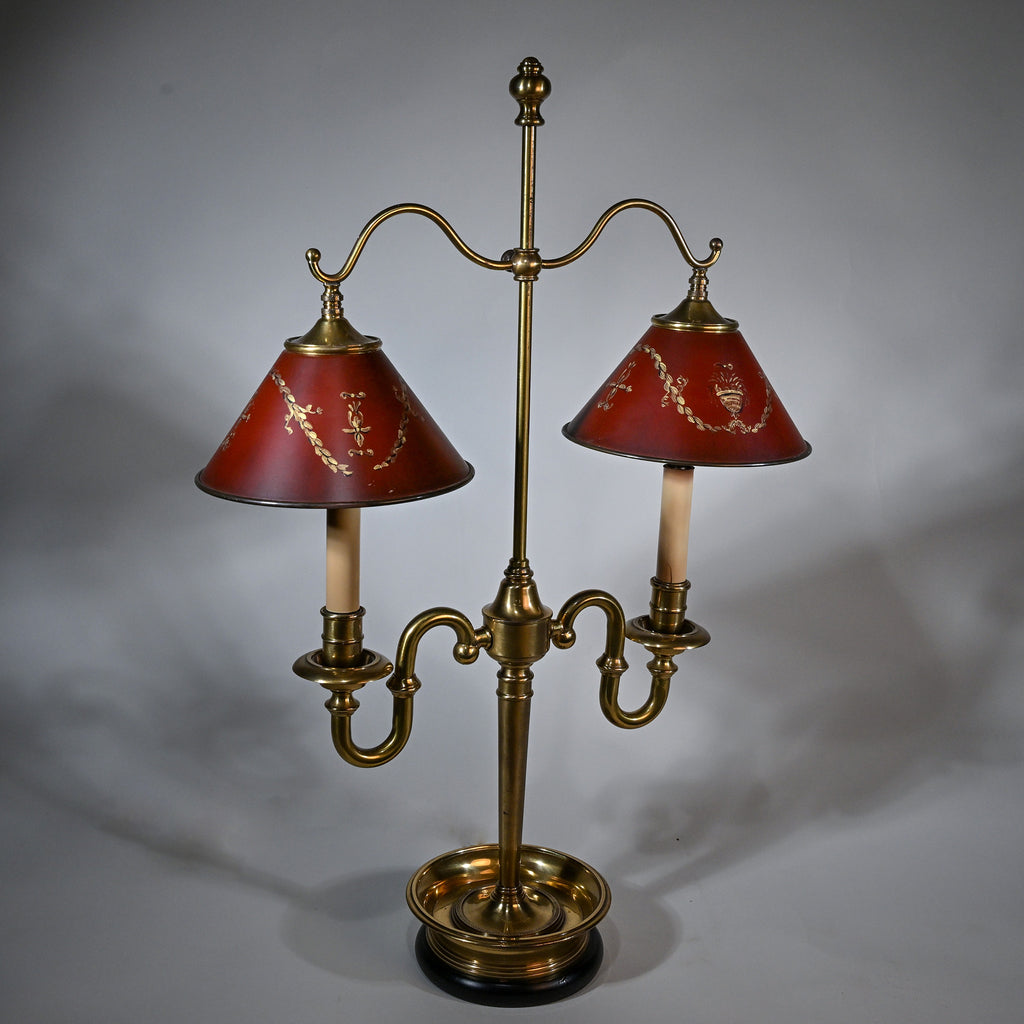 Vintage French Bouillotte Lamp with Red Tole Shades