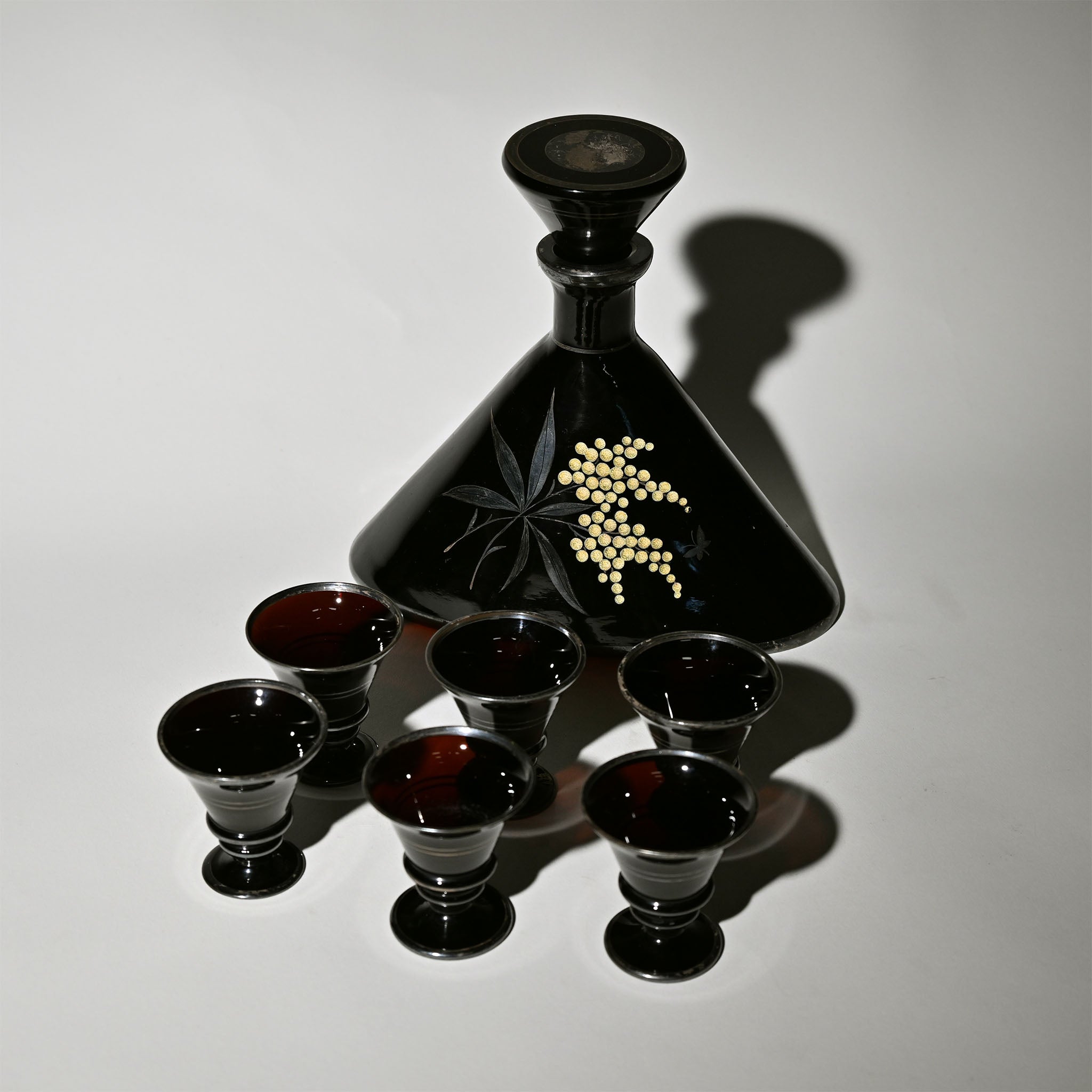 Ultra-Rare Black Enamel Glass Bottle & Cup Set – 6 Pieces