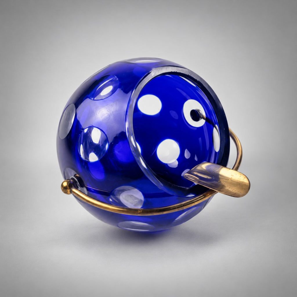Marita Voigt cobalt cut-to-clear glass orb ashtray, Harzkristall