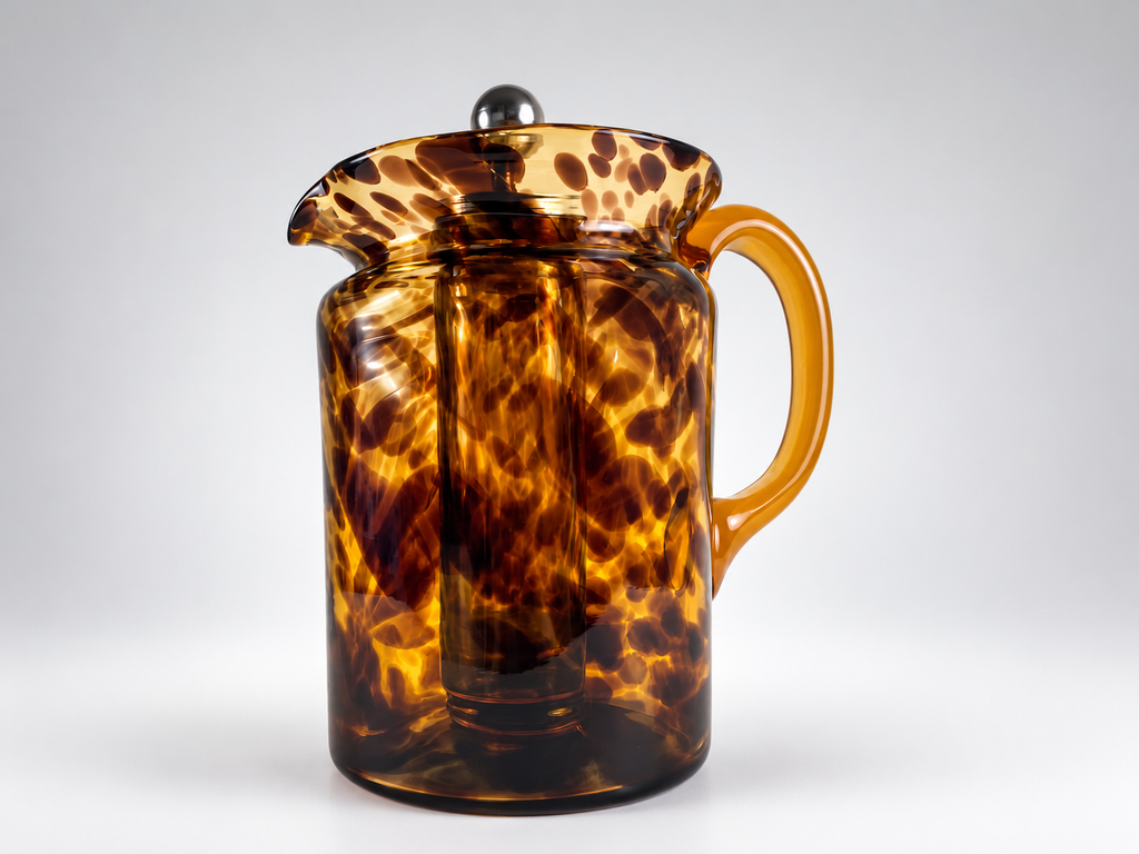 Christian Dior Home 1960s tortoiseshell glass pitcher with amber handle, accurate studio photo