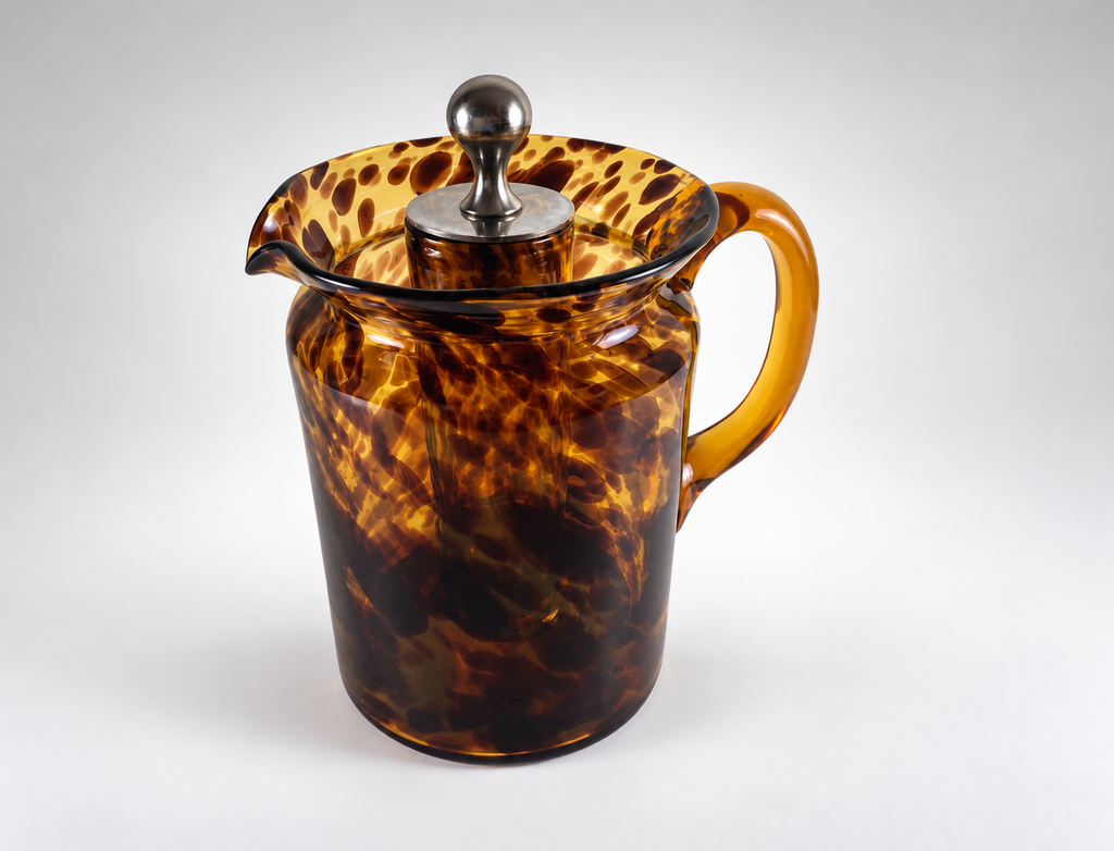 Christian Dior Home 1960s tortoiseshell glass pitcher showing internal ice chamber and chrome stopper