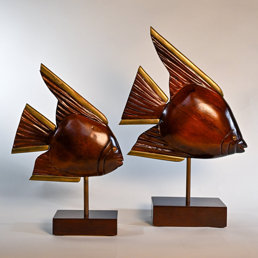 Sculptural Brass & Rosewood Angelfish Duo
