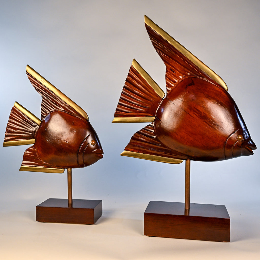 Sculptural Brass & Rosewood Angelfish Duo