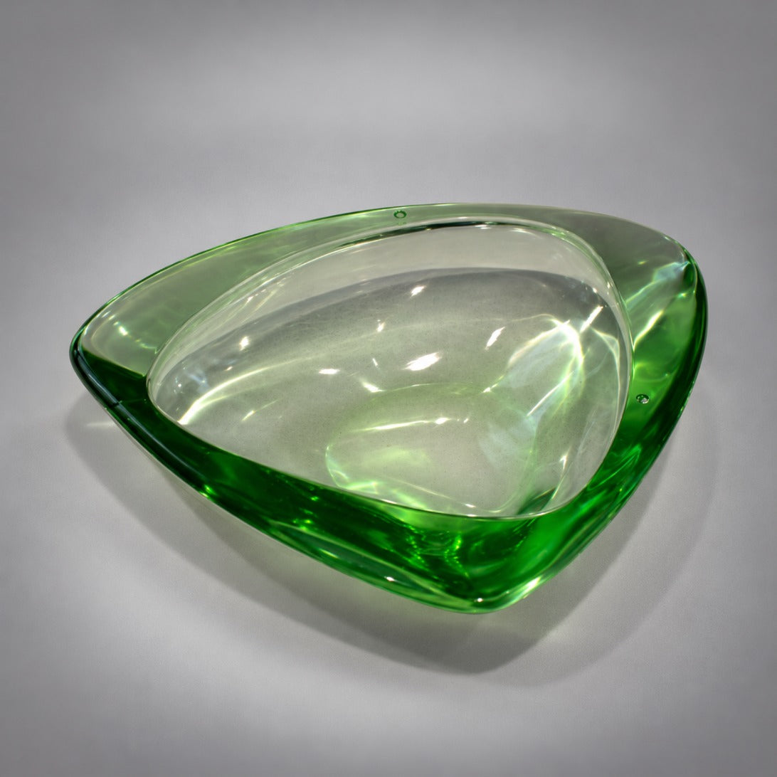 1970s green glass ashtray, side angle