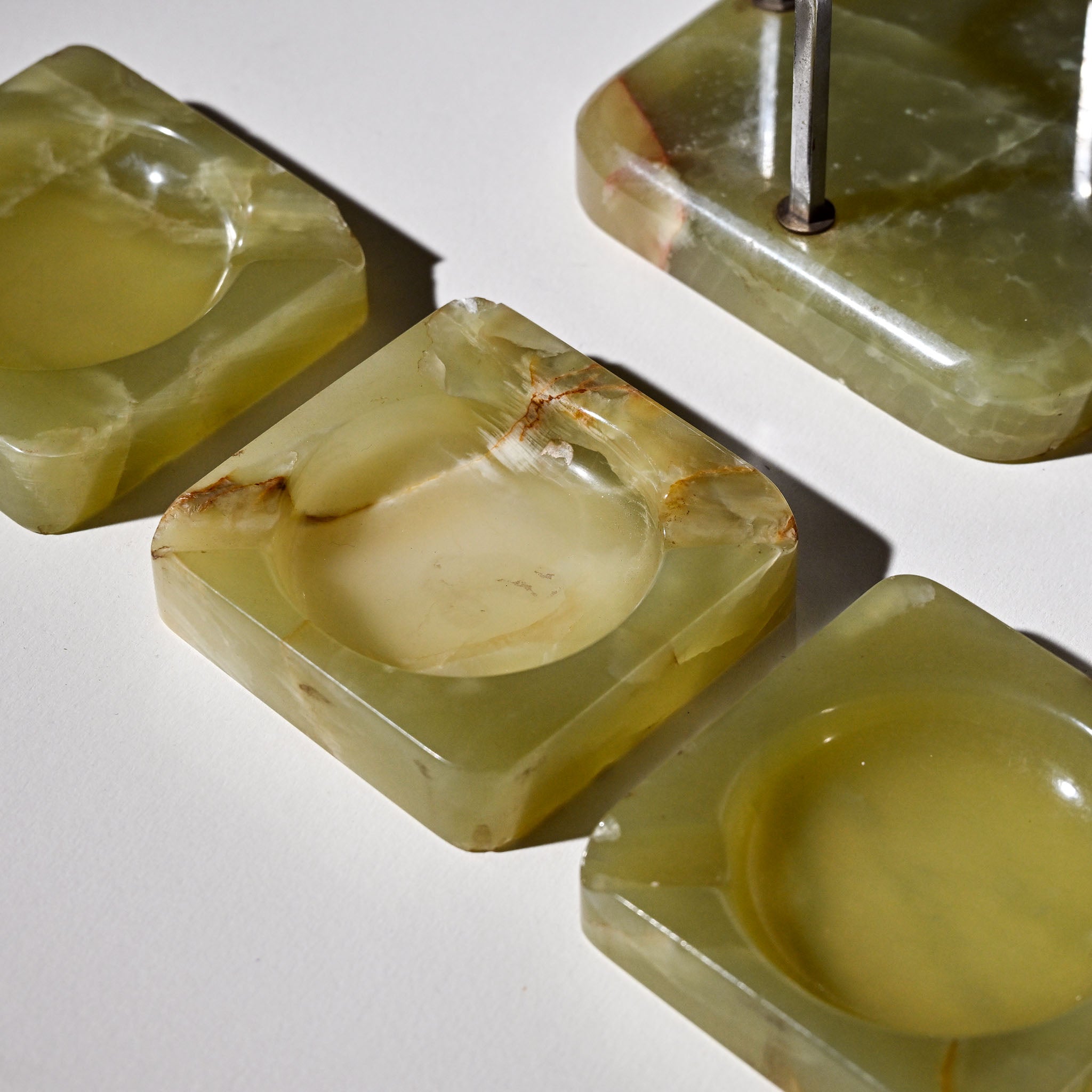 Mid-Century Green Onyx Ashtray Set (4 pcs) with Holder