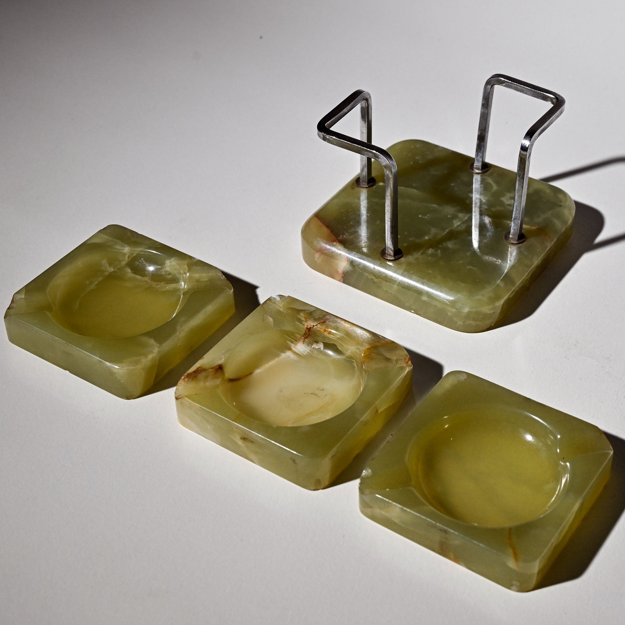 Mid-Century Green Onyx Ashtray Set (4 pcs) with Holder
