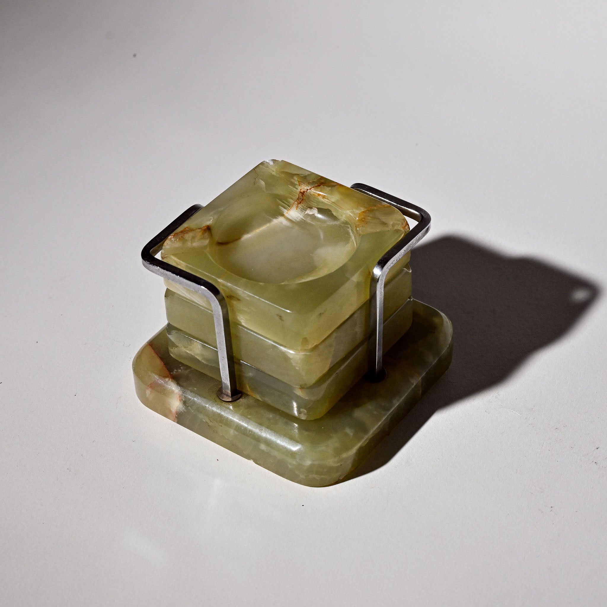 Mid-Century Green Onyx Ashtray Set (4 pcs) with Holder