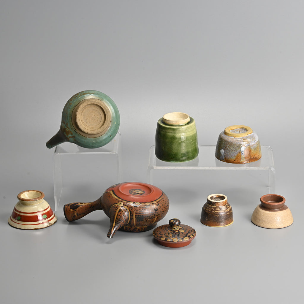 Japanese Glazed Stoneware Tea & Sake Set — Teapot, Sake Pot & Cups, 20th Century (7 Pieces)