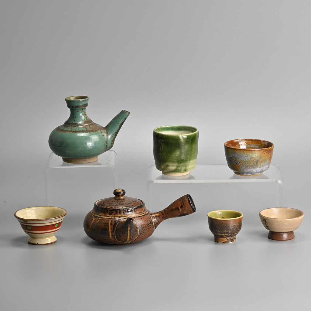 Japanese Glazed Stoneware Tea & Sake Set — Teapot, Sake Pot & Cups, 20th Century (7 Pieces)