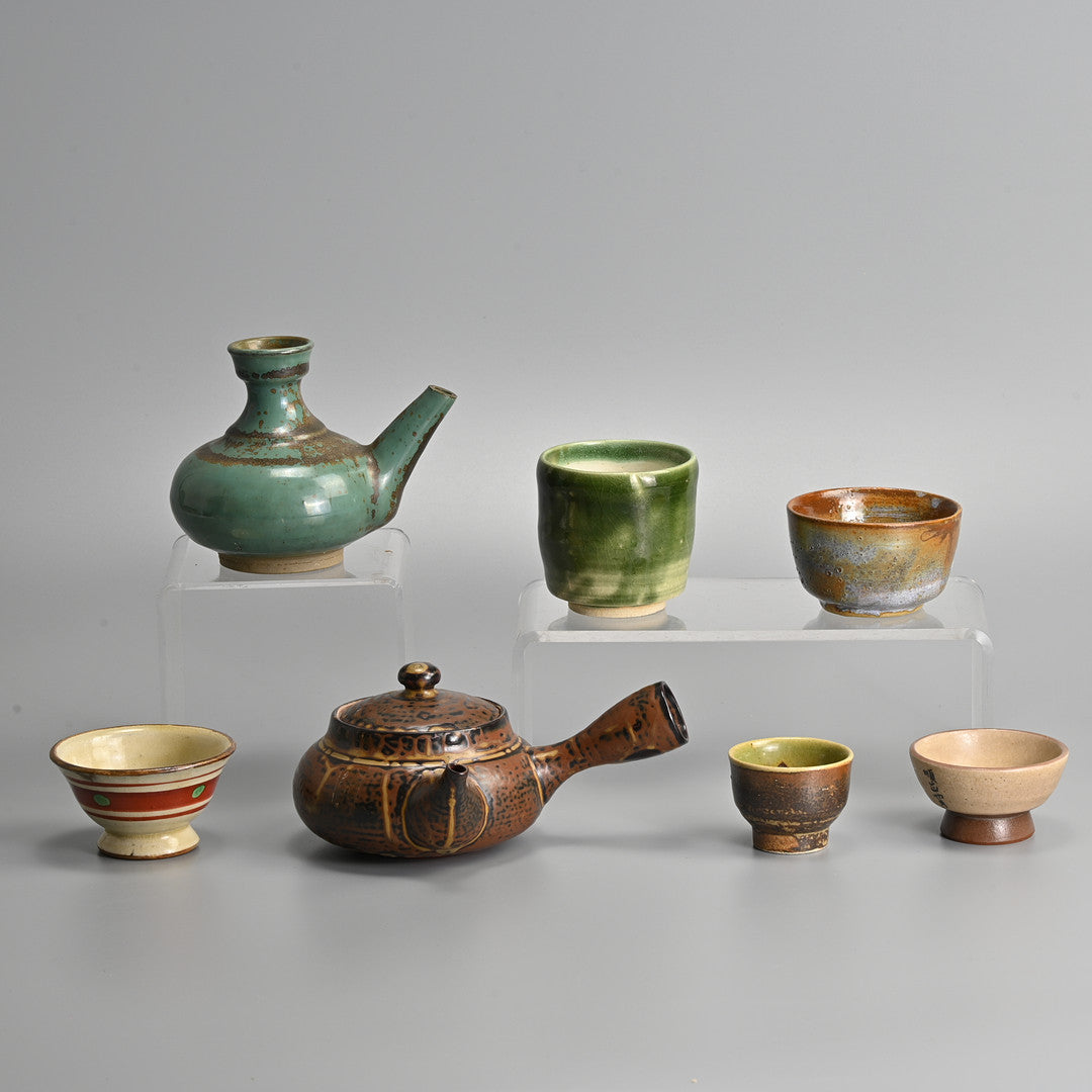 Japanese Glazed Stoneware Tea & Sake Set — Teapot, Sake Pot & Cups, 20th Century (7 Pieces)